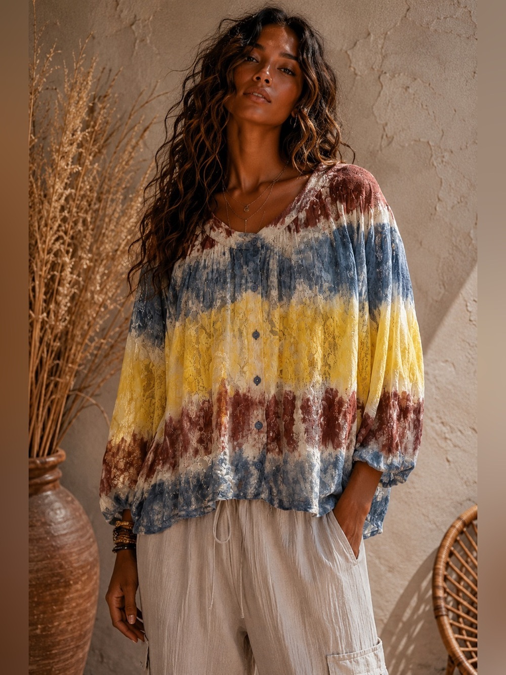 Boho Tie-Dye Button Front Blouse - Yellow Multi